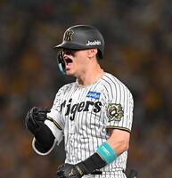 　８回、同点打を放ち、塁上でほえる佐藤輝（撮影・西田忠信）