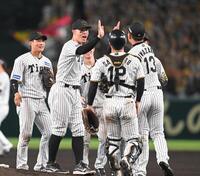 　日本シリーズ進出を決め、ハイタッチで勝利を喜ぶ佐藤輝ら阪神ナイン（撮影・飯室逸平）