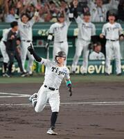 　１回、先制３ランを放ちライトスタンドに目をやる佐藤輝（撮影・立川洋一郎）