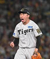 　８回、蝦名を空振り三振に仕留め、声を上げる石井（撮影・西田忠信）