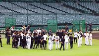 　練習前、円陣を組む阪神ナイン（撮影・山口登）