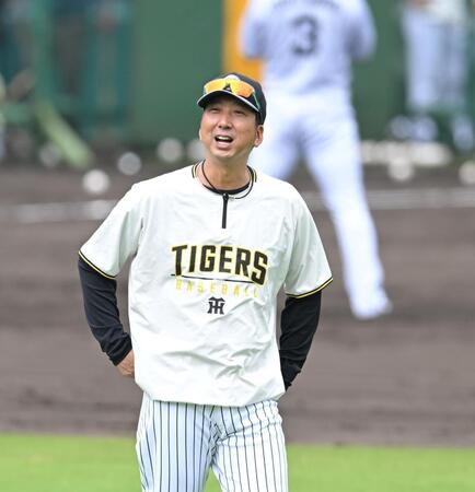 　穏やかな表情で練習を見守る藤川監督（撮影・飯室逸平）