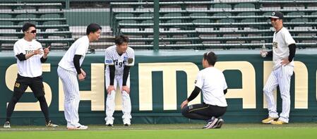 　藤川監督（右端）と話す（左から）石井、及川、岩貞ら（撮影・飯室逸平）