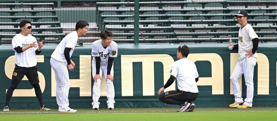 　藤川監督（右端）と話す（左から）石井、及川、岩貞ら（撮影・飯室逸平）