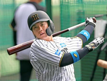 　フリー打撃の順番を待ち素振りをする梅野（撮影・立川洋一郎）