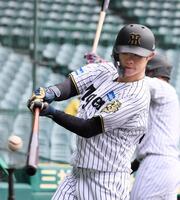 ティー打撃をする阪神・中野拓夢＝甲子園（撮影・立川洋一郎）