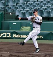 　守備練習する佐藤輝＝２１日