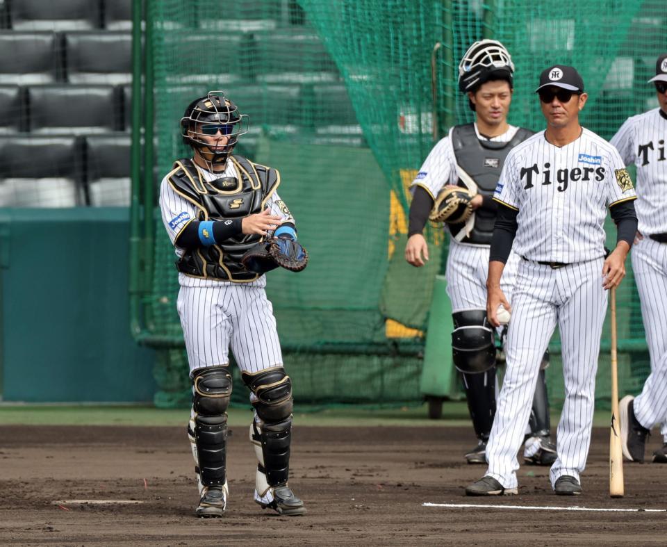 　守備練習でサインを出す梅野（左）＝撮影・山口登
