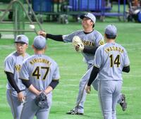 　投内連係で打球を処理して送球する村上（撮影・立川洋一郎）