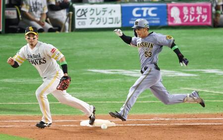 【写真】必死のパッチで全力疾走や！！　阪神・島田　スタメン起用に応える内野安打＆二盗