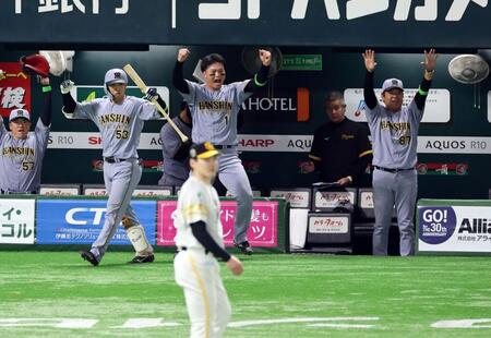 　６回、森下（中央）は佐藤輝の勝ち越し二塁打でベンチを出てガッツポーズを見せる（撮影・山口登）