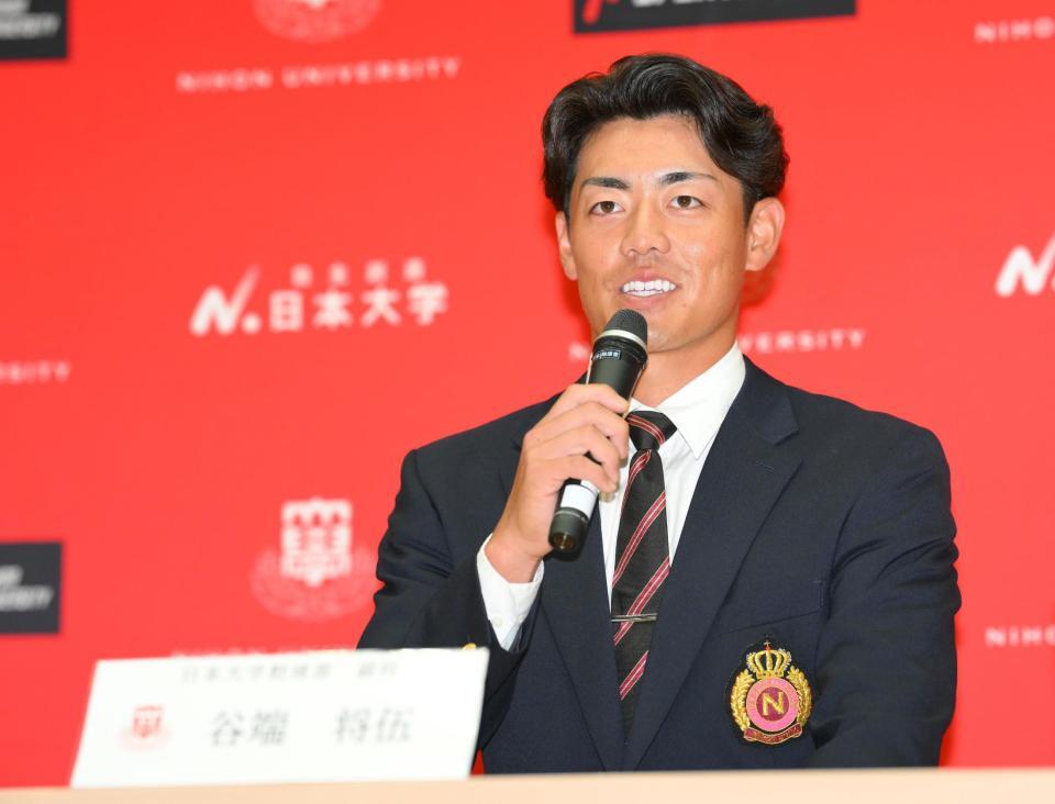 　憧れの選手として金本知憲氏を挙げた日大・谷端将伍（撮影・伊藤笙子）