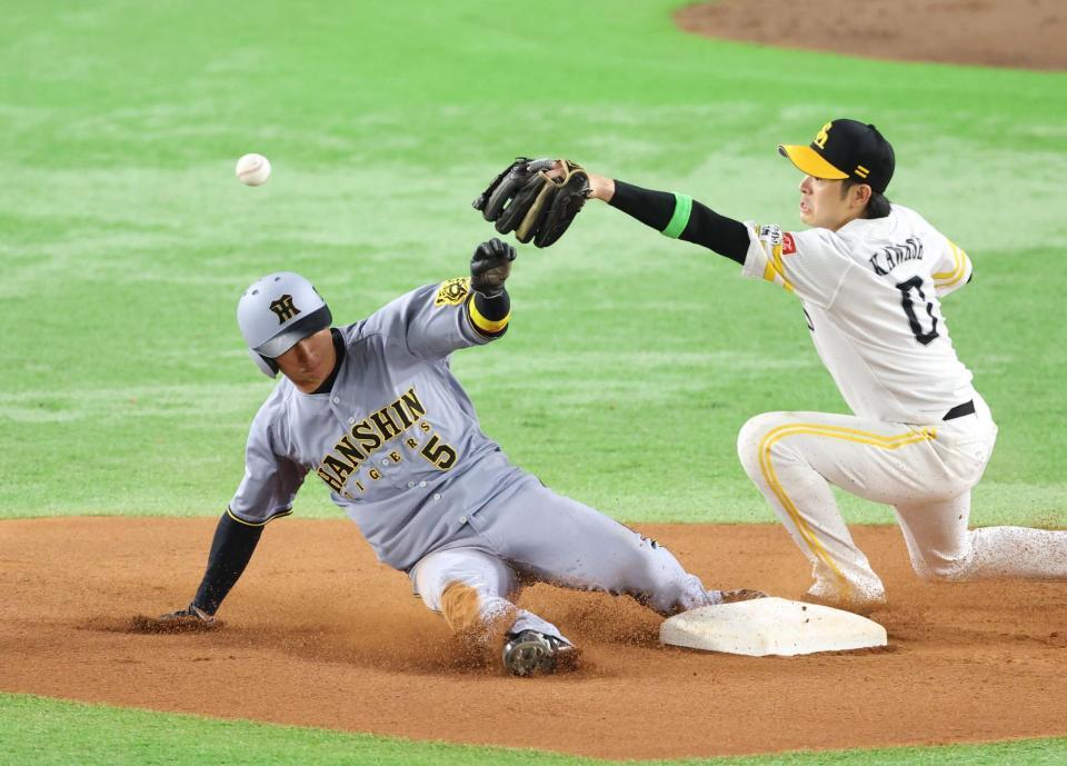 　６回、二盗を決める近本（撮影・金田祐二）