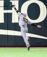 　８回、柳町の打球を好捕する島田（撮影・西岡正）