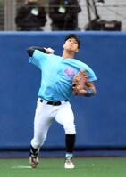 　６回、武蔵大・松井の左飛を捕球し、三走を本塁タッチアウトにする筑波大・岡城快生（撮影・佐藤厚）