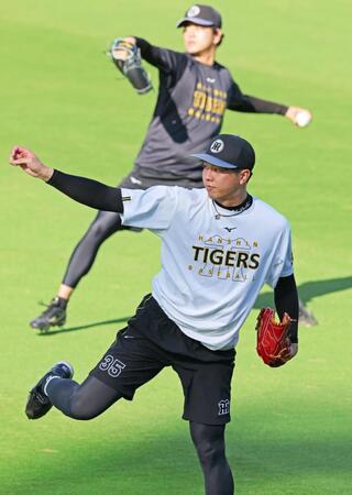 　キャッチボールをして調整する才木（撮影・立川洋一郎）