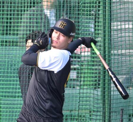 　打撃練習する佐藤輝（撮影・飯室逸平）