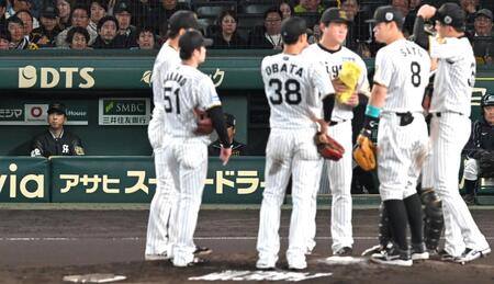 　ベンチから戦況を見つめる藤川監督（左端）＝撮影・飯室逸平