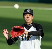 　キャッチボールで調整する才木（撮影・田中太一）