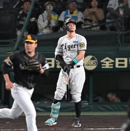 　６回、三邪飛に倒れる佐藤輝（撮影・飯室逸平）