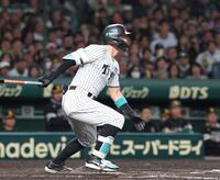 　８回、適時打を放つ佐藤輝（撮影・北村雅宏）