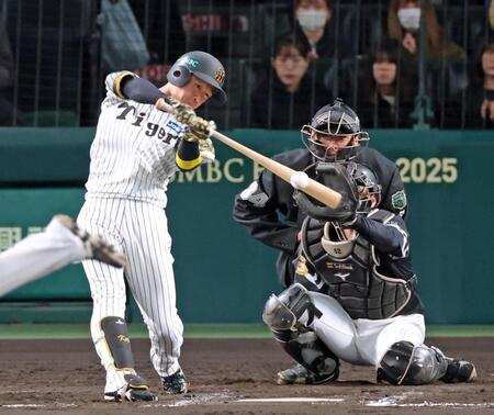 　８回、中前打を放つ近本（撮影・立川洋一郎）