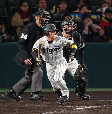 　５回、中前打を放つ近本（撮影・金田祐二）