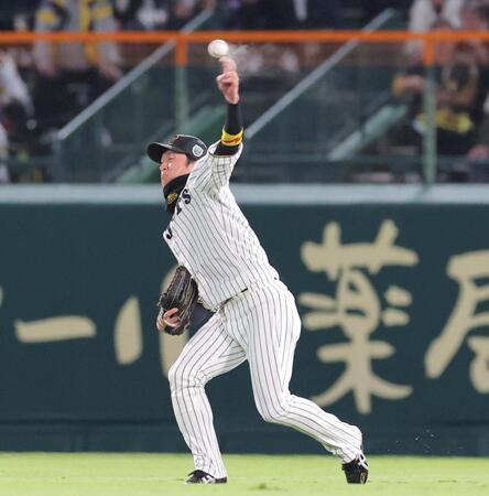 　シートノックで打球を返球する近本（撮影・北村雅宏）