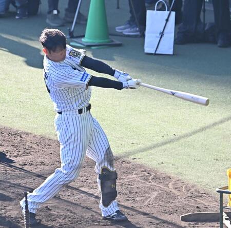 　打撃練習する原口（撮影・西田忠信）