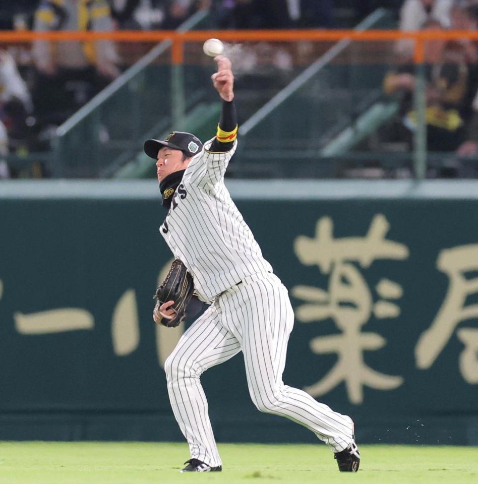 　シートノックで打球を返球する近本（撮影・北村雅宏）