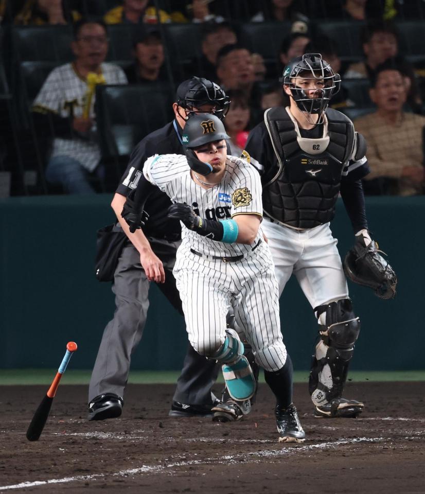 　５回、中前適時打を放つ佐藤輝（撮影・金田祐二）