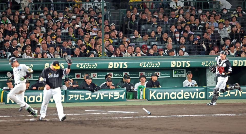 　１１回、高寺が二ゴロに終わり、日本一に届かず試合終了を迎える阪神ナイン（撮影・立川洋一郎）