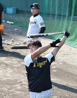 　平田２軍監督が見る中、ロングティーを打つ西純（撮影・田中太一）