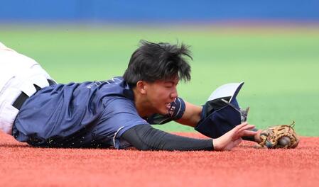 　５回、植木瑠斗の二ゴロに飛びつく二塁手の創価大・立石正広（撮影・伊藤笙子）