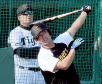 　平田２軍監督が見る中、打撃練習をする西純（撮影・田中太一）