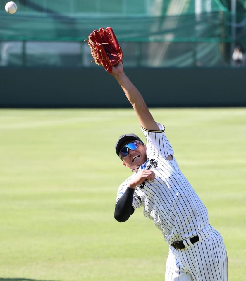 　外野ノックでボールに食らいつく西純（撮影・田中太一）