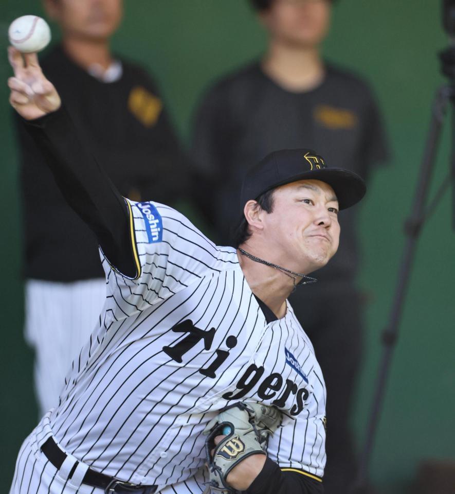 　ブルペンで投げ込む阪神・木下里都（撮影・田中太一）