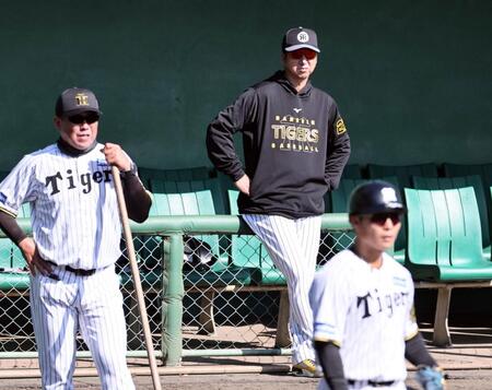 　投内連係を見る藤川監督。左は北川コーチ（撮影・田中太一）