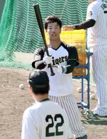 　藤川監督が見る中、打撃練習をする百崎（撮影・田中太一）