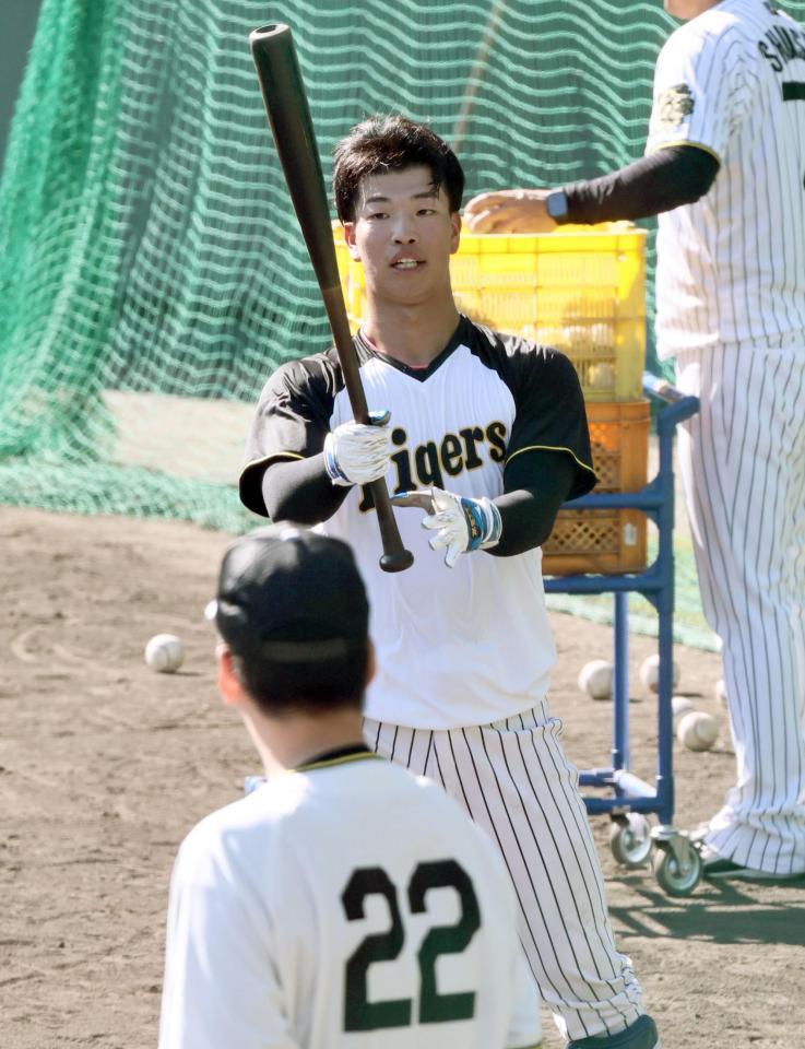 　藤川監督が見る中、打撃練習をする百崎（撮影・田中太一）