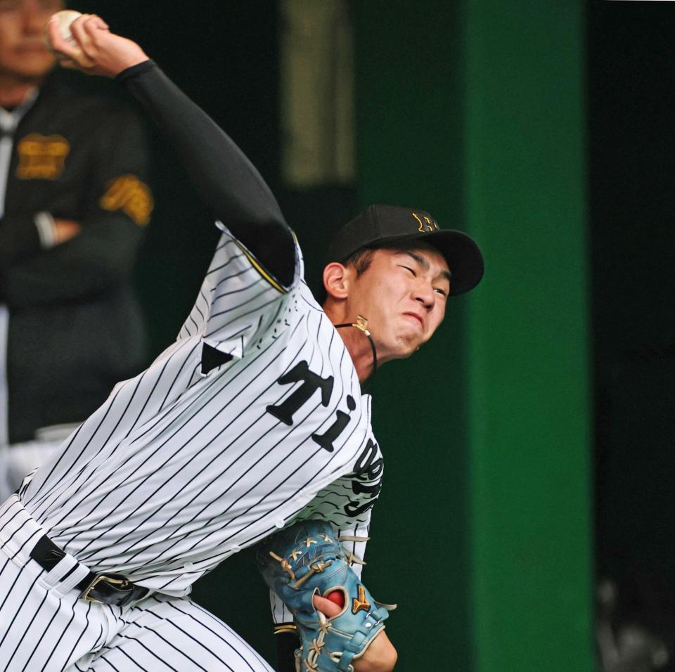 　ブルペンで投げ込む今朝丸（撮影・田中太一）　