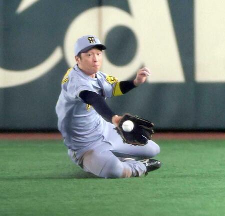 　キャベッジの打球を好捕する近本＝８月