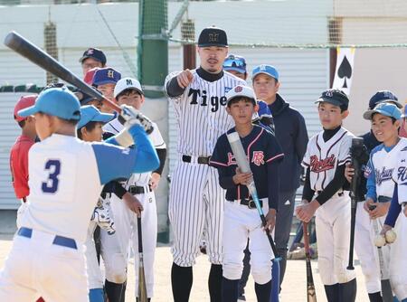 　打撃指導をする佐藤輝（撮影・田中太一）