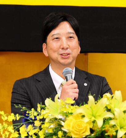 　入団発表会で新入団選手について語る藤川監督（撮影・山口登）