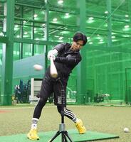 　自主トレを公開し、打撃練習する山崎（撮影・西田忠信）