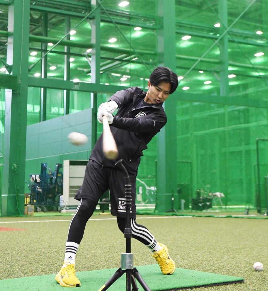 　自主トレを公開し、打撃練習する山崎（撮影・西田忠信）