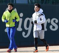 　沖縄へ移動前、阪神・横田慎太郎（左）と一緒に走る阪神・高山俊＝２０１７年１月