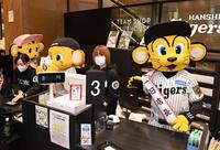 　タイガースショップのレジに立つ（右から）トラッキー、キー太、ラッキー（撮影・西田忠信）