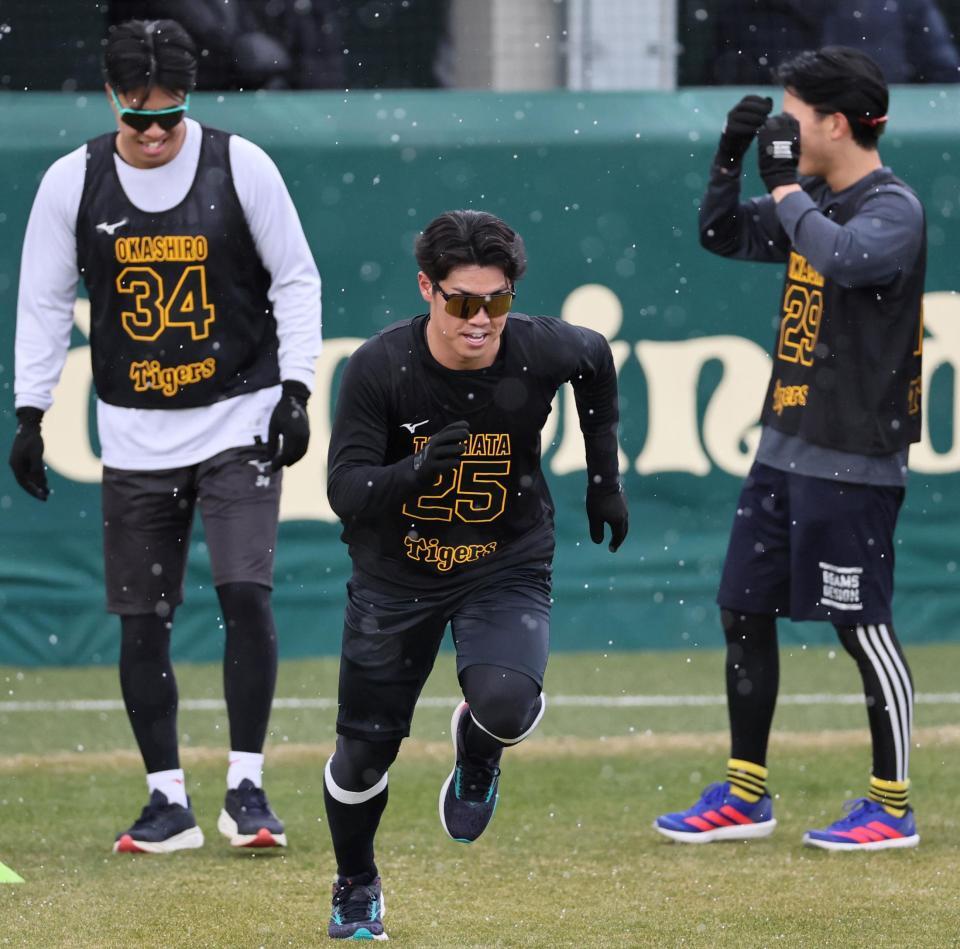 走り込む阪神・谷端将伍（手前）＝ＳＧＬスタジアム尼崎（撮影・田中太一）