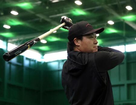自主トレを公開し、トス打撃でバットを振り込む大山（撮影・山口登）